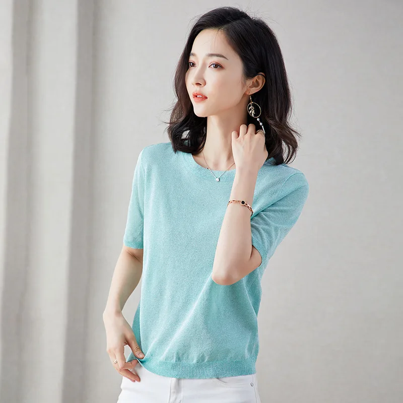 

Summer New Ice Silk Sweater Female Thin Women's Slim Wild Short Sleeve Thin Korean Version of the Ladies Blouse