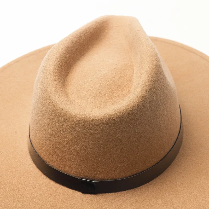 Classical Pure Wool Felt Hat For Female Wide Brim Fedora Hat Simple PU Leather Band Fall Winter Hat Black Derby Sombrero Mujer