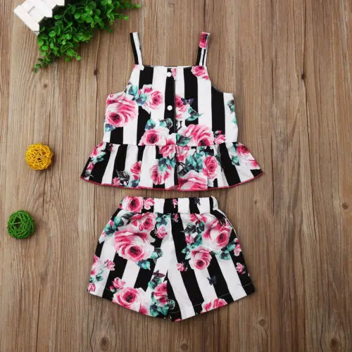 

Pudcoco Newest Fashion Toddler Baby Girl Clothes Striped Flower Print Strap Crop Tops Short Pants 2PCS Outfits Summer Clothes