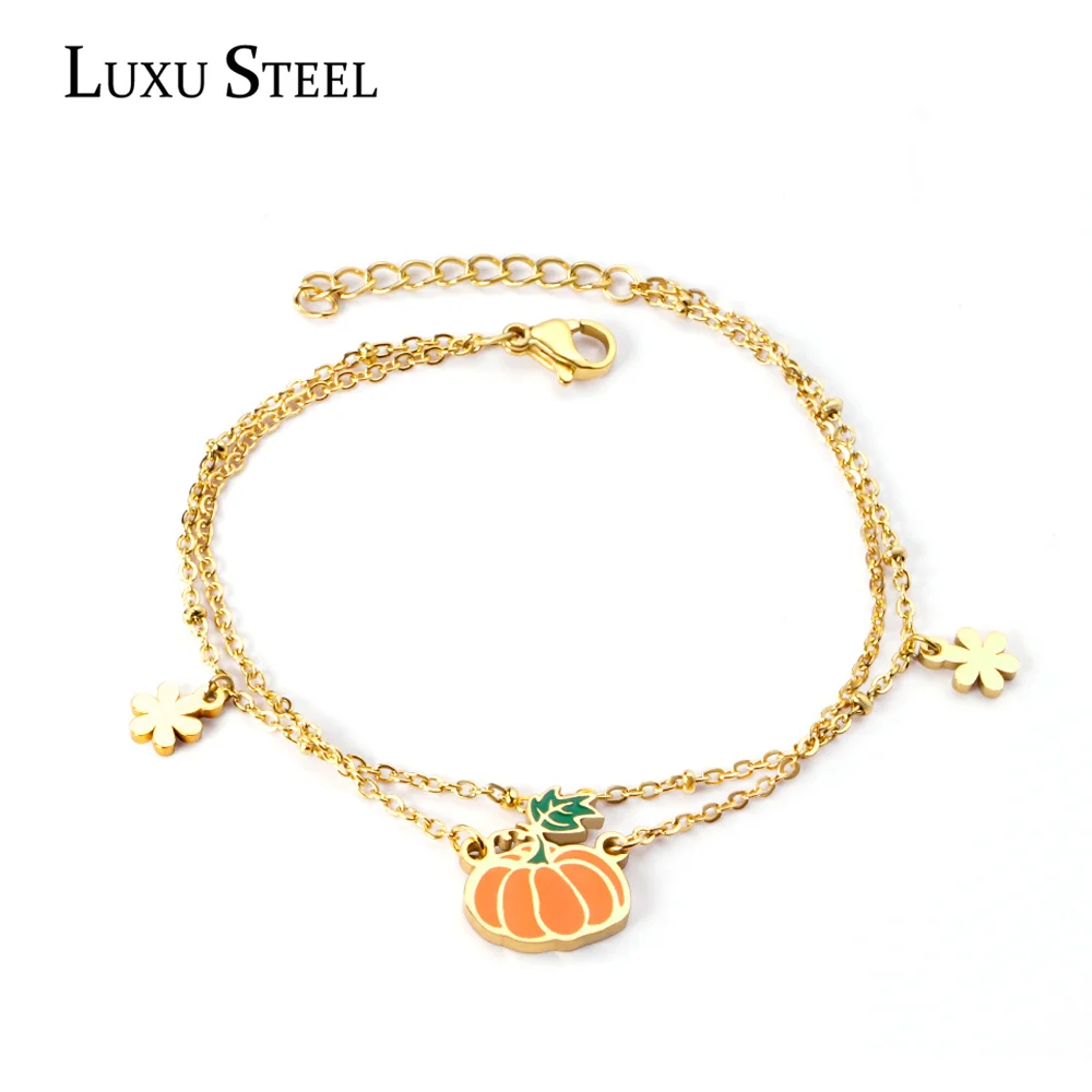 

LUXUSTEEL Pulseras Mujer подвески из нержавеющей стали «Тыква» Двойная Цепочка Ожерелье Золотой Цвет Цветок Браслеты оптовая продажа