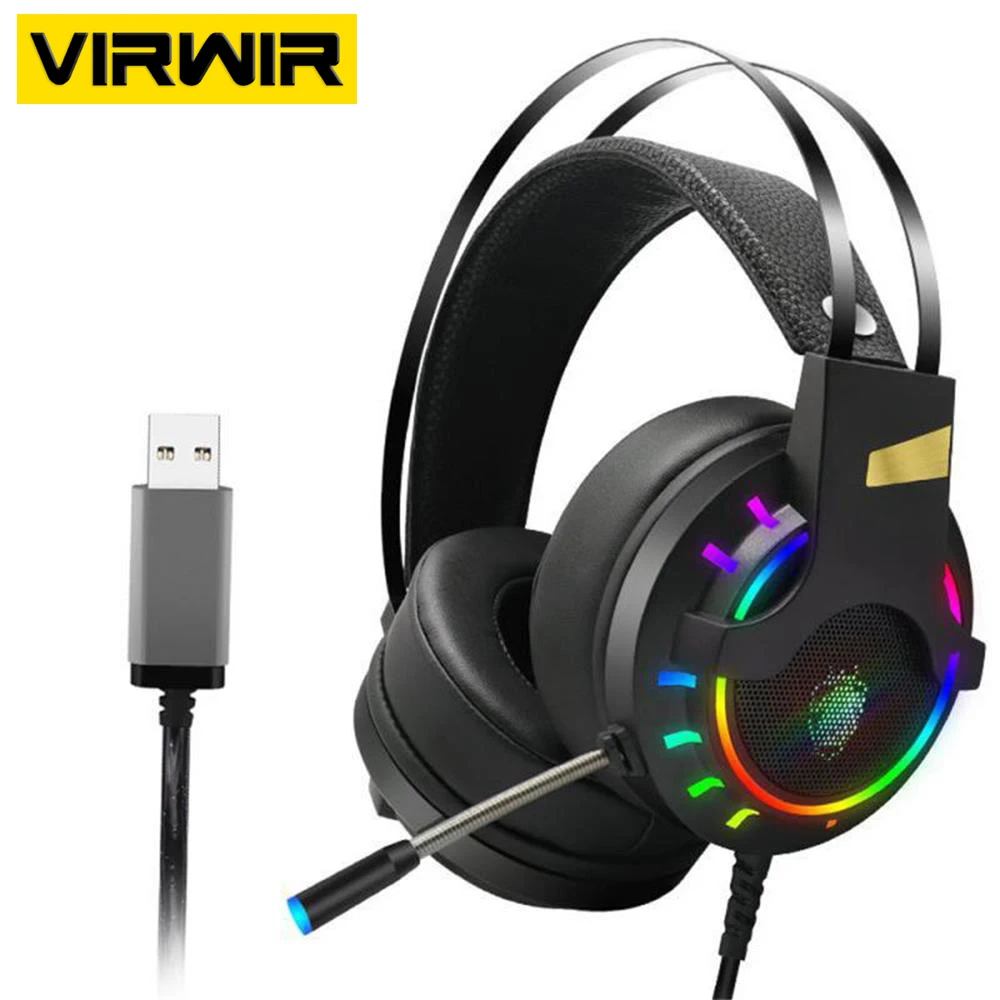 

VIRWIR USB 7.1 Stereo Wired Gaming Headsets RGB LED Lighting For PC Laptop Computer PUBG Noise Cancelling Mic Gaming Headphone