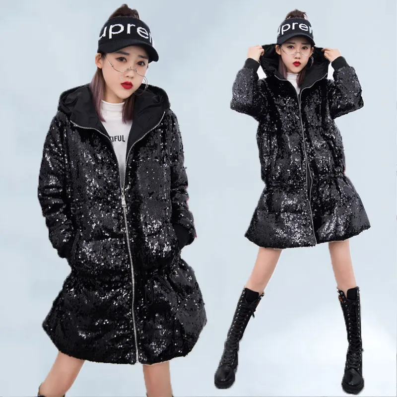 Женская хлопковая куртка с блестками свободная теплая приталенная в европейском