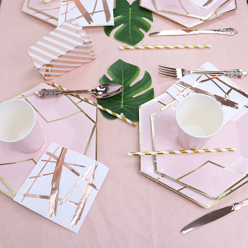 Одноразовая посуда в полоску из розового золота тарелки для дня рождения