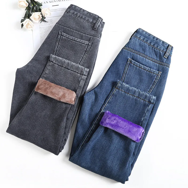 Зимние джинсы для женщин длина по щиколотку флисовые теплые женские свободные