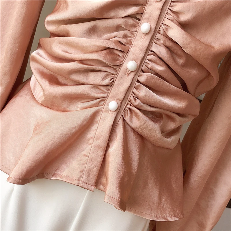 

KM STYLISH Women's Clothes Pink Satin Palace Vintage Blouse Autumn Shirt Sexy V-neck Slim Pleated Lantern Sleeve White Shirt Top