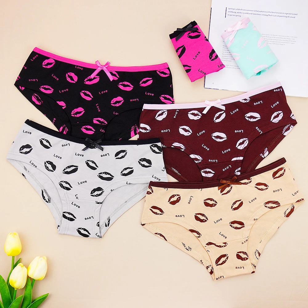 6 Pcs Lot Underwear Women Ladies Briefs Underpants Creative Lip Print and Letter Knickers Bow Decoration Cotten Panties Print