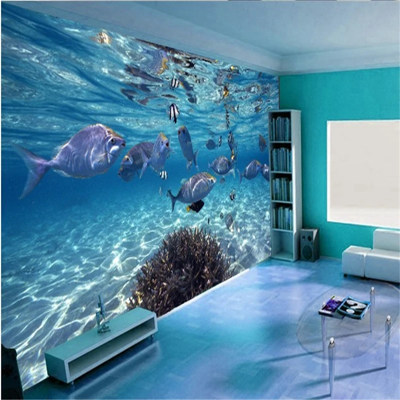 3D Underwater World Blue Ocean Fishes Photo Wallpaper Custom Stereo Cartoon Non-Woven Mural Kids Bedroom Living Room Wall Papers |