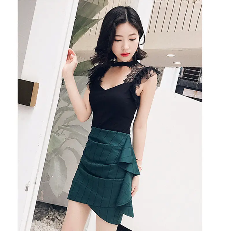 Женская летняя юбка с оборками 2019 Привлекательная в шотландскую клетку