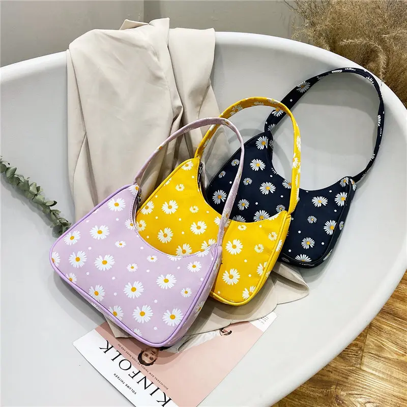 

Classic Texture Fashion Flower Daisy Women Handbag Portable Creative Design Chic Nylon Underarm Shoulder Tote Baguette Bags