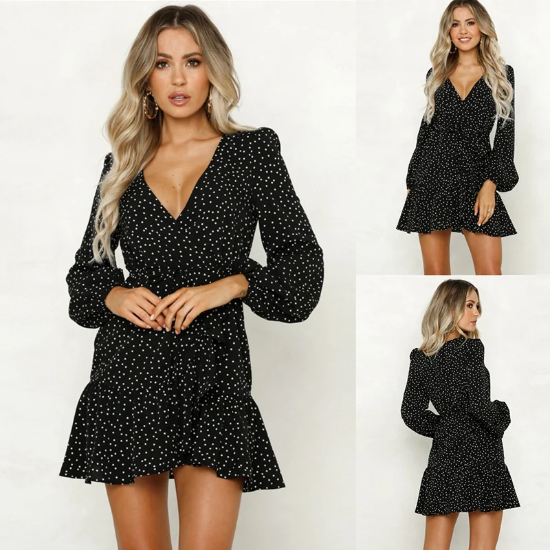 

Kili Women Polka Dots Print Dress High Ruffles Sashes Lace Up Dress Long Sleeve Dress Women Party Dress