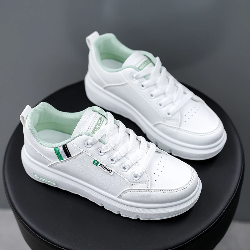 

Microfiber Leather Woman Canvas Shoes Flat White Women's Student Running Sports Board Shoes Sneaker Lace Up Vulcanize Shoe