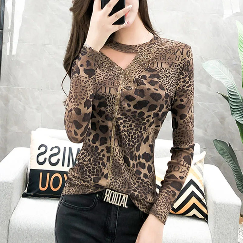 Leopard print Новинка, леопардовая футболка для женщин, бриллианты, выдалбливают, тонкий длинный рукав, сетчатый топ, футболка, ropa mujer, футболка T9D403Y - Цвет: Leopard print