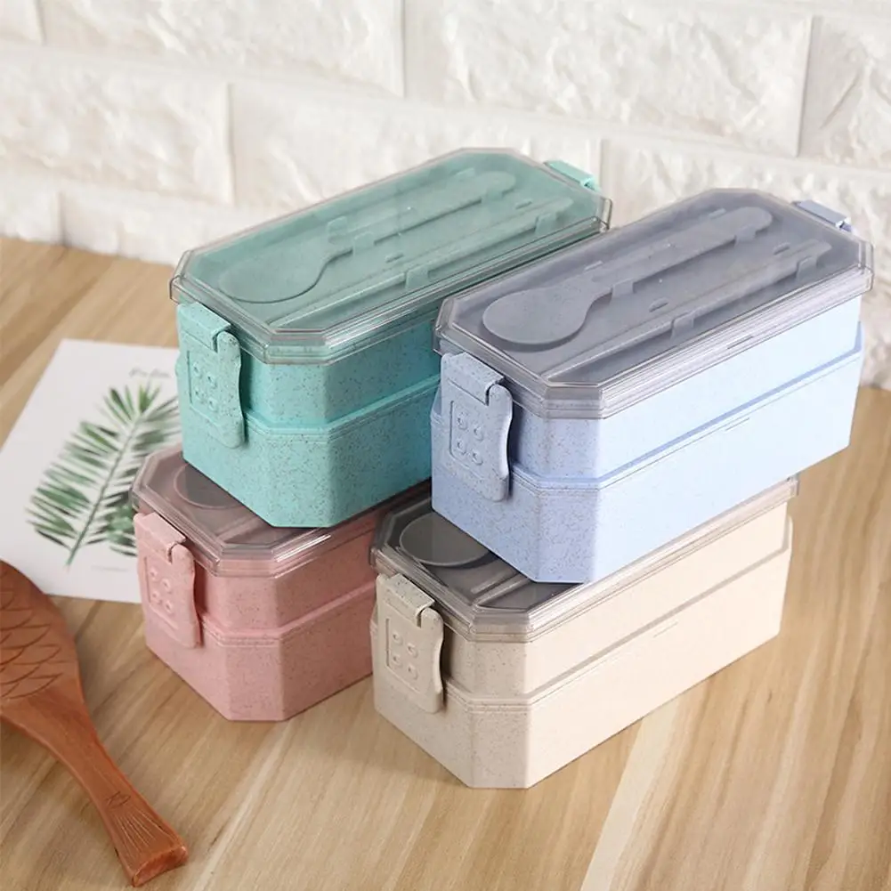 2 уровня Портативный пшеничной соломы детская Коробки для обедов детский пищевой