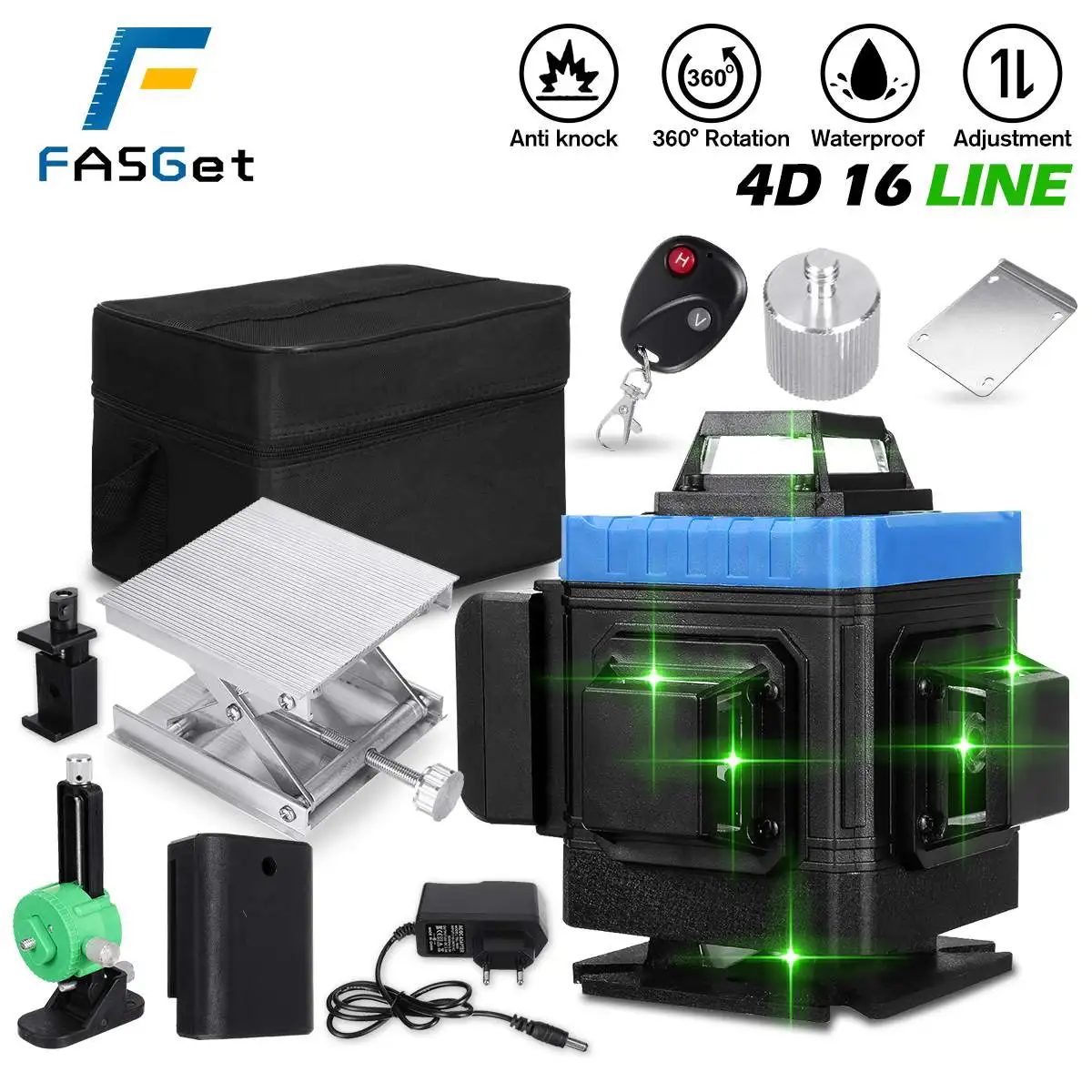 

FASGET 4D Green Laser Level Tripod 16 Lines Self-Leveling Vertical Horizontal Powerful Bracket 360 Green 3D Level Laser Receiver