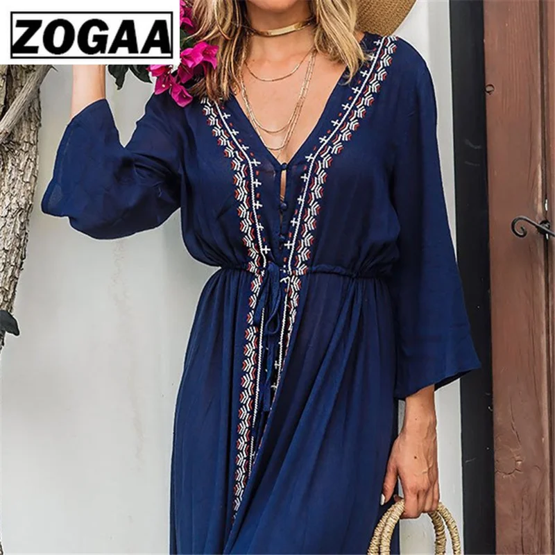 Платье туника ZOGAA Пляжное хлопковое с вышивкой|Женские платья| |