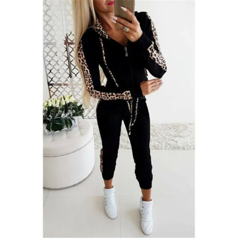 

Autumn Women Sport Tracksuit Zipper Stand Collar Sweatshirt Long Pants Set Leopard Jogger Sportswear Streetwear 2PCS Sets