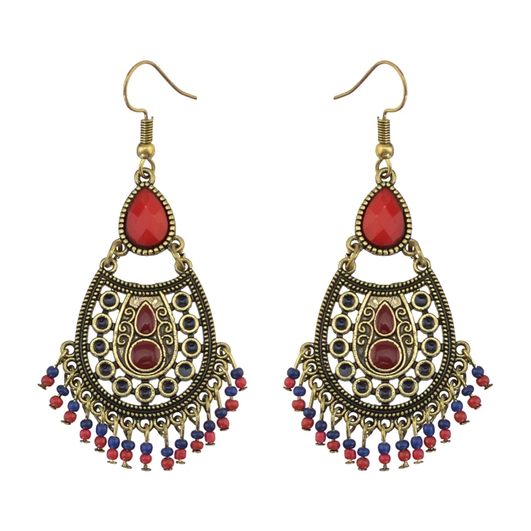 

Vintage Bohemian Hippie Dangle Drop Earrings For Women Bronze Metal Resin Bead Tassel Gypsy Afghan India Pakistan Ethnic Jewelry