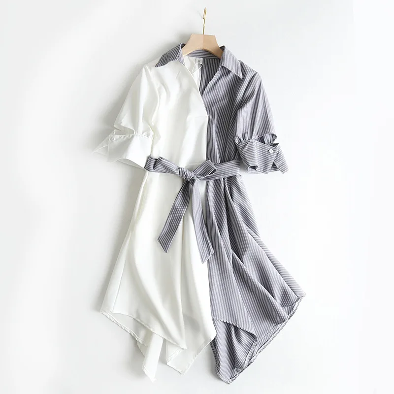 

Striped Stitching Irregular Shirt Dress for Women 2021 New High Waist Belt Slim Short Sleeve Ol Office Femme Midi Dress Summer
