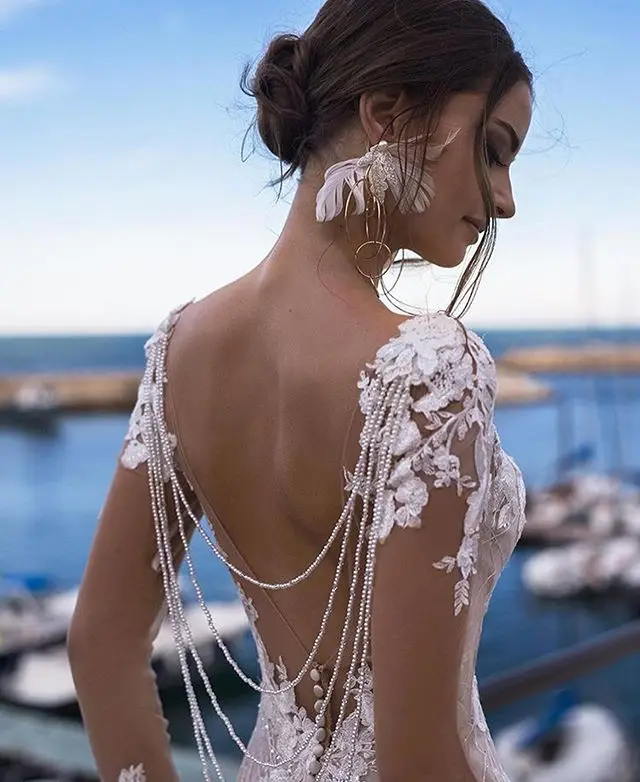 

White Mermaid Muslim Wedding Dresses 2023 Lace Long Sleeves Wedding Gowns Backless Sexy Bridal Dress Robe De Mariee