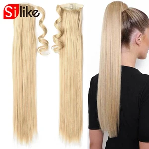 Синтетический прямой хвост Silike на шнурке, 24 дюйма, синтетический накладной хвост с заколками, удлинитель волос с конским хвостом