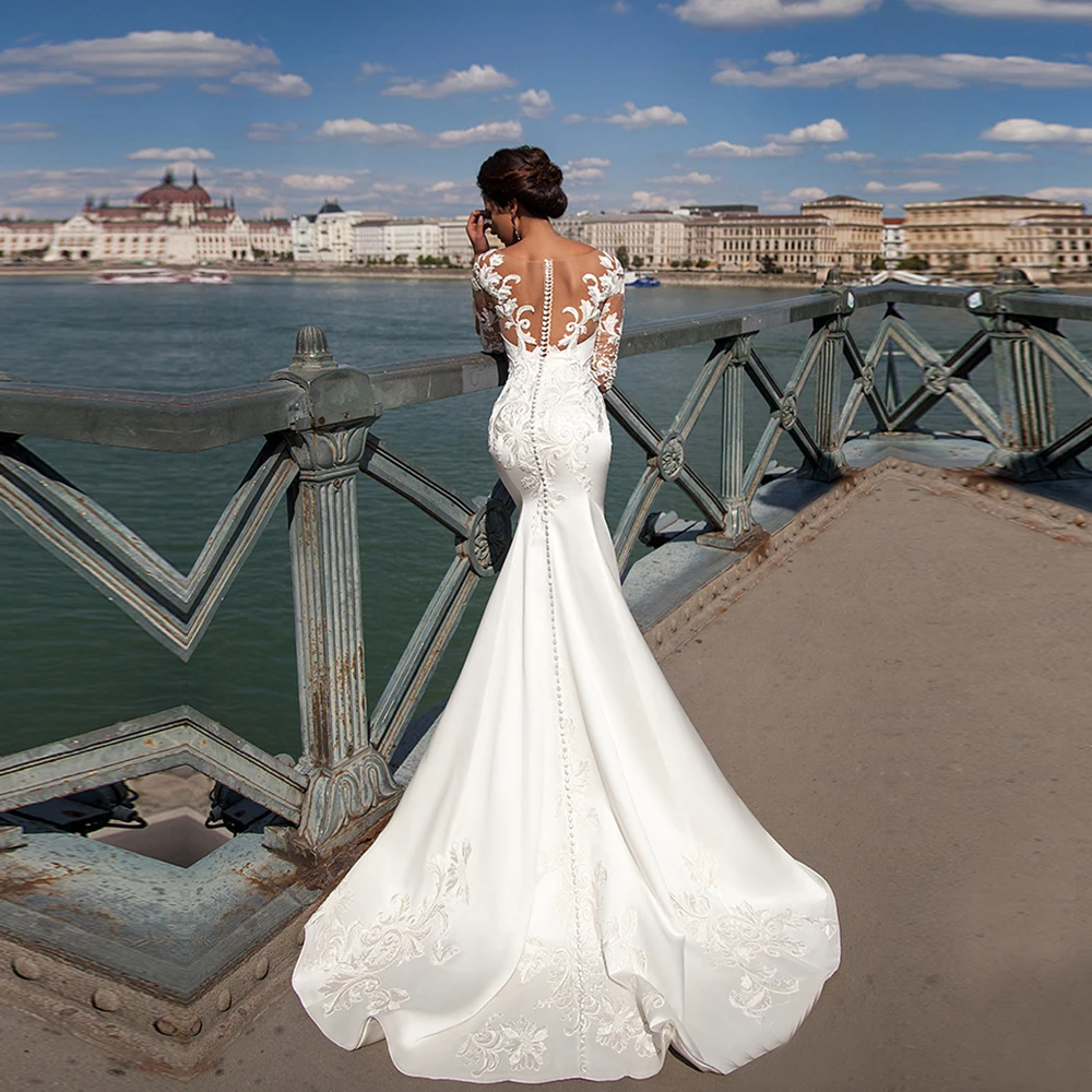 

Vestidos De Noiva Mermaid Wedding Dress 2020 Half Sleeves Satin Appliques Bridal Gown Custom Made See Through Tulle Dresses