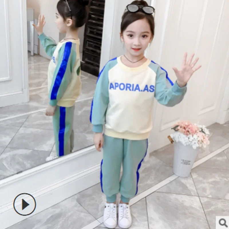 

Girls Sports Clothing Set 2021 New Spring and Autumn Kids Clothes Sets Children's Sets 2 Patchwork Letter Colors Size4-14 ly048