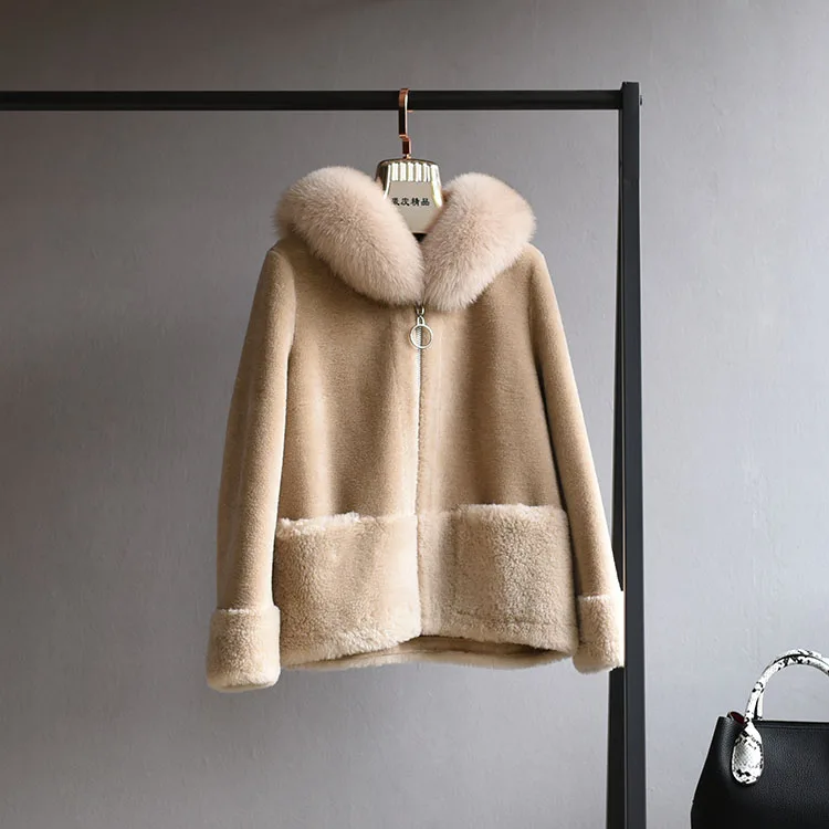 OFTBUY пальто с натуральным мехом, зимняя женская куртка, Воротник из натурального Лисьего меха, капюшон, шерсть, тканая верхняя одежда, плюшевый флис