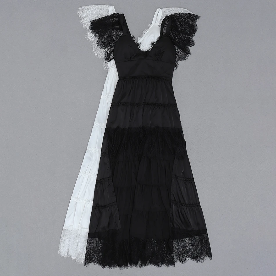 

High-quality Black Elegant Slim Dress Lace Ruffled V-neck Backless Mid-length Dress High Waist Fashion Evening Club Party Wear