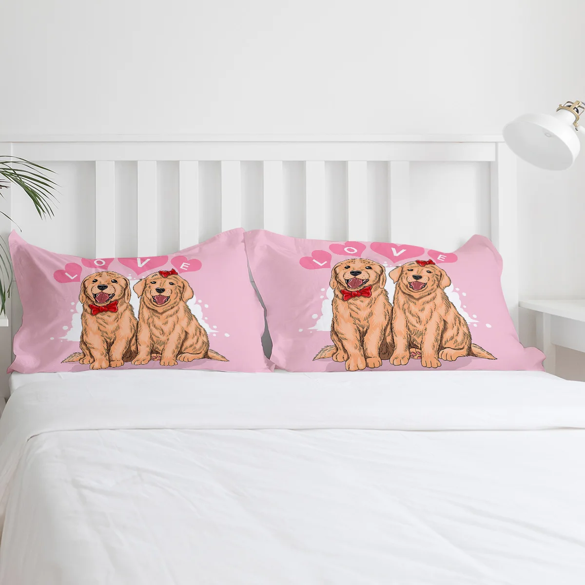 Valentine'S Day Pink Couple Pet Dog Pattern Duvet Cover Set 3/4pcs Bedding Bed Sheet Pillowcases | Дом и сад