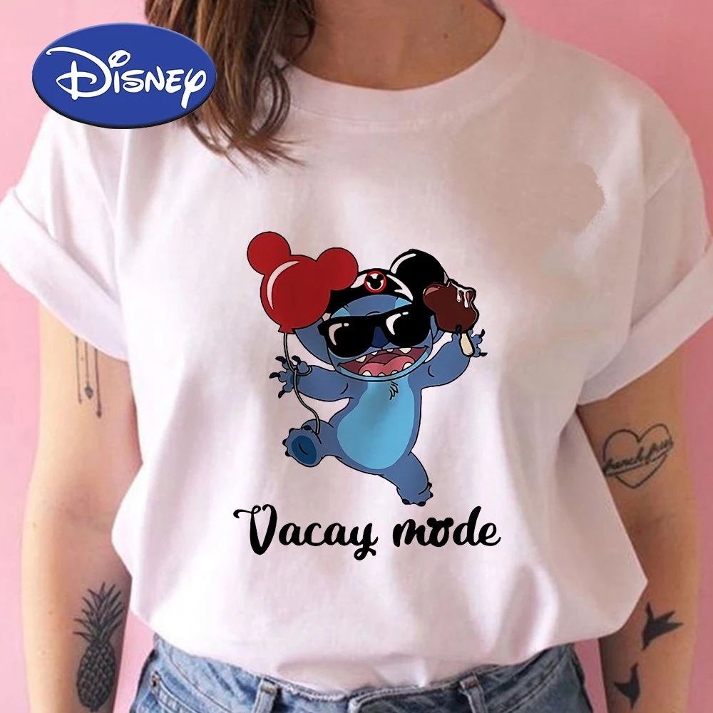 

Disney Happy Stitch Cartoon T-shirts Womens Clothing Summer Holiday Casual Clothes Loose Cozy Women Tshirt Urban leisure
