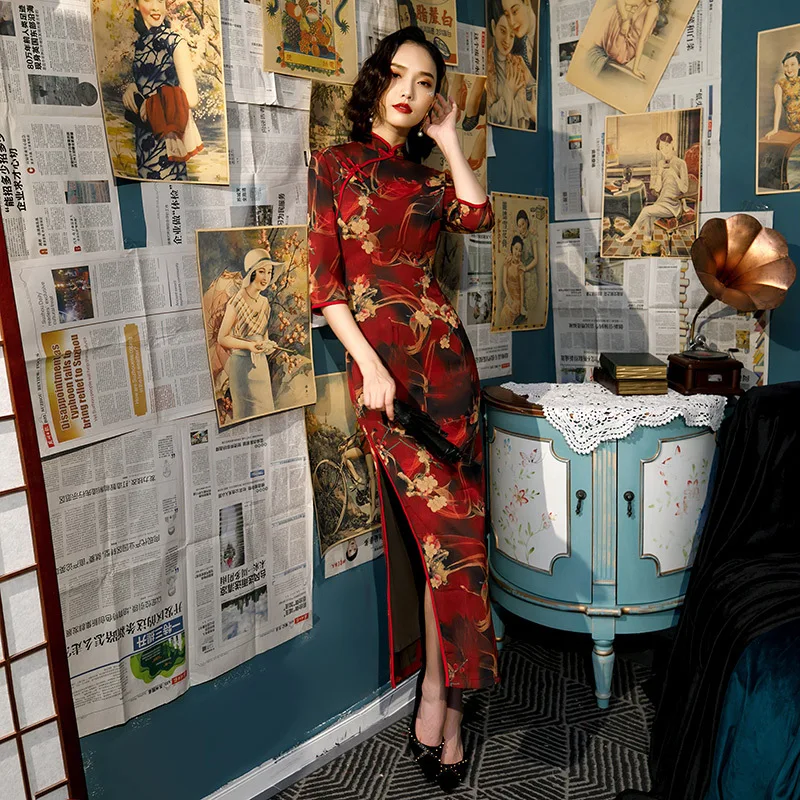 Для женщин зеленый цветочный Qipao Сексуальная Высокая Чонсам с высоким разрезом