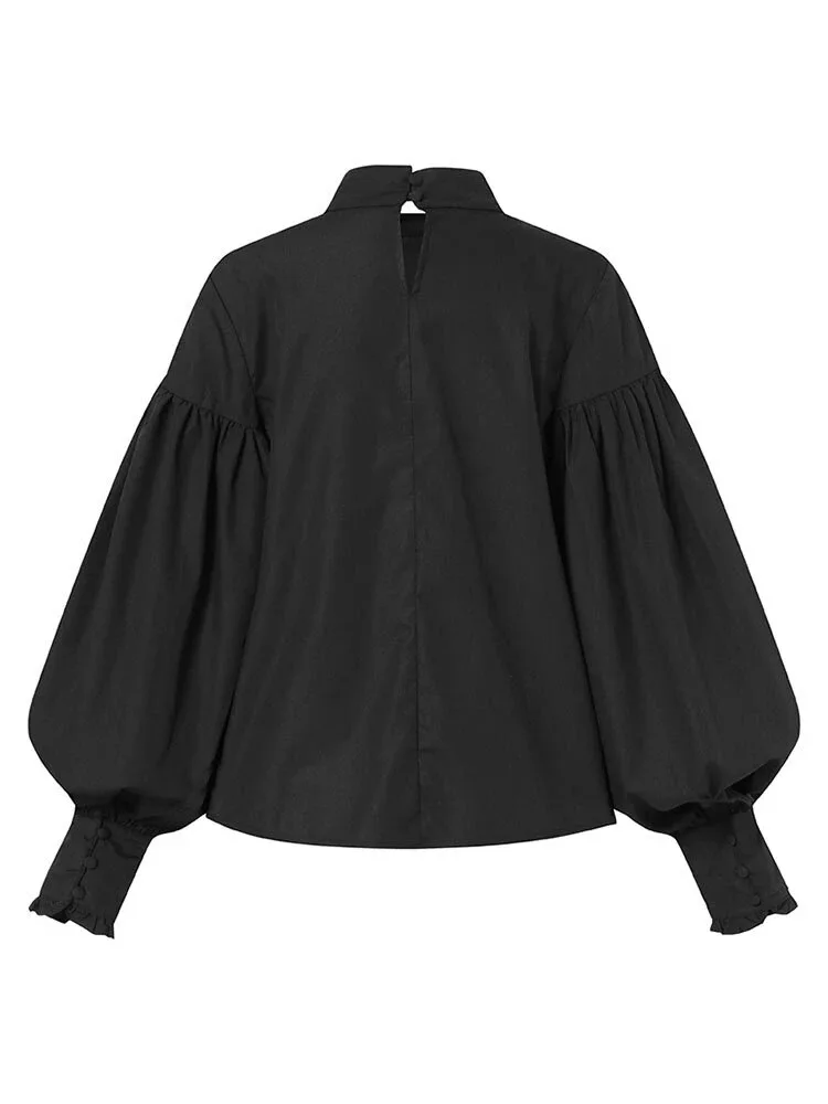 

2021 Fashion Summer Lantern Sleeve Pleating Blouses Women Elegant Office Blusas Female Work Casual Solid Vintage Top