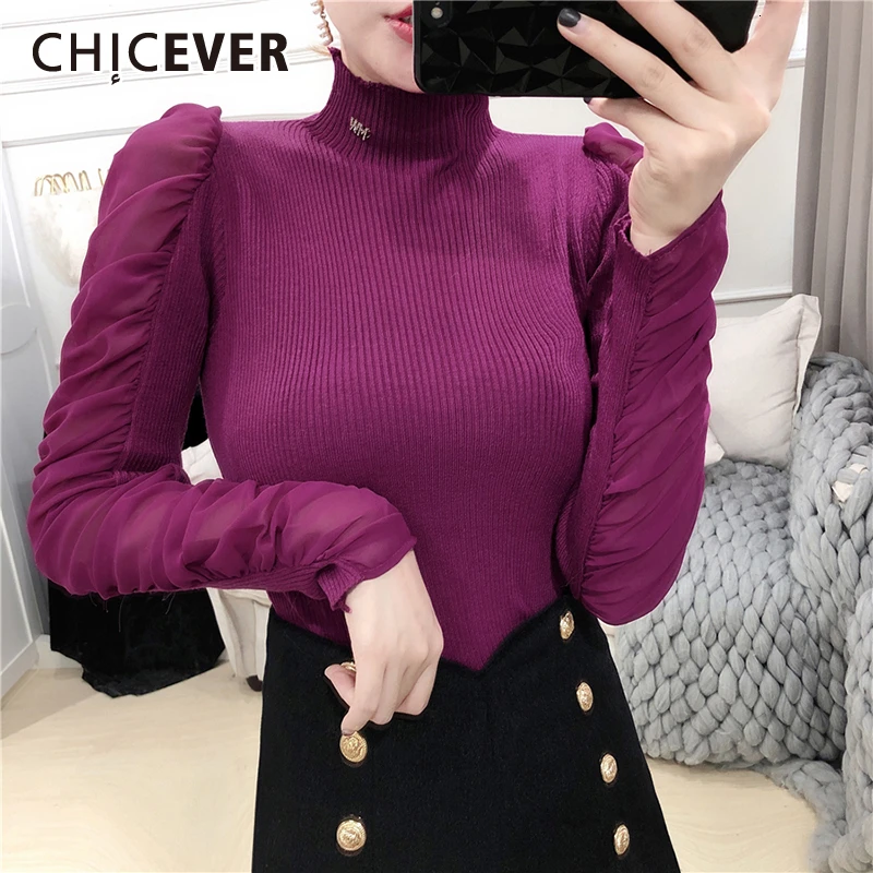 CHICEVER корейский стиль, лоскутные женские свитера с высоким воротом и пышными рукавами, облегающие вязаные повседневные женские пуловеры, Новинка осени
