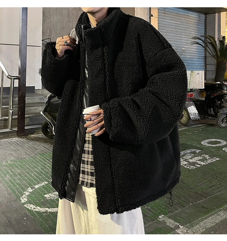 DIMI Winter Oversized Warm Thick Reversible Leather Jacket Men with Fleece Inside Zip Up Casual Loose Luxury Fashion