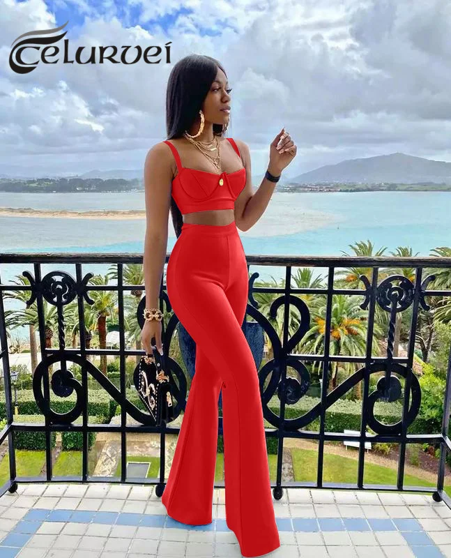 

Pants Sets High Quality Blue Two Pieces Set Bodycon Rayon Bandage Set Evening Party Sexy Fashion Outfit Club Outfits For Women