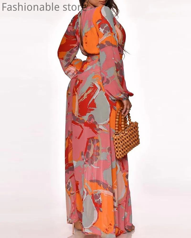 

Women Deep V Neck Long Sleeve Side Slit Maxi Dress