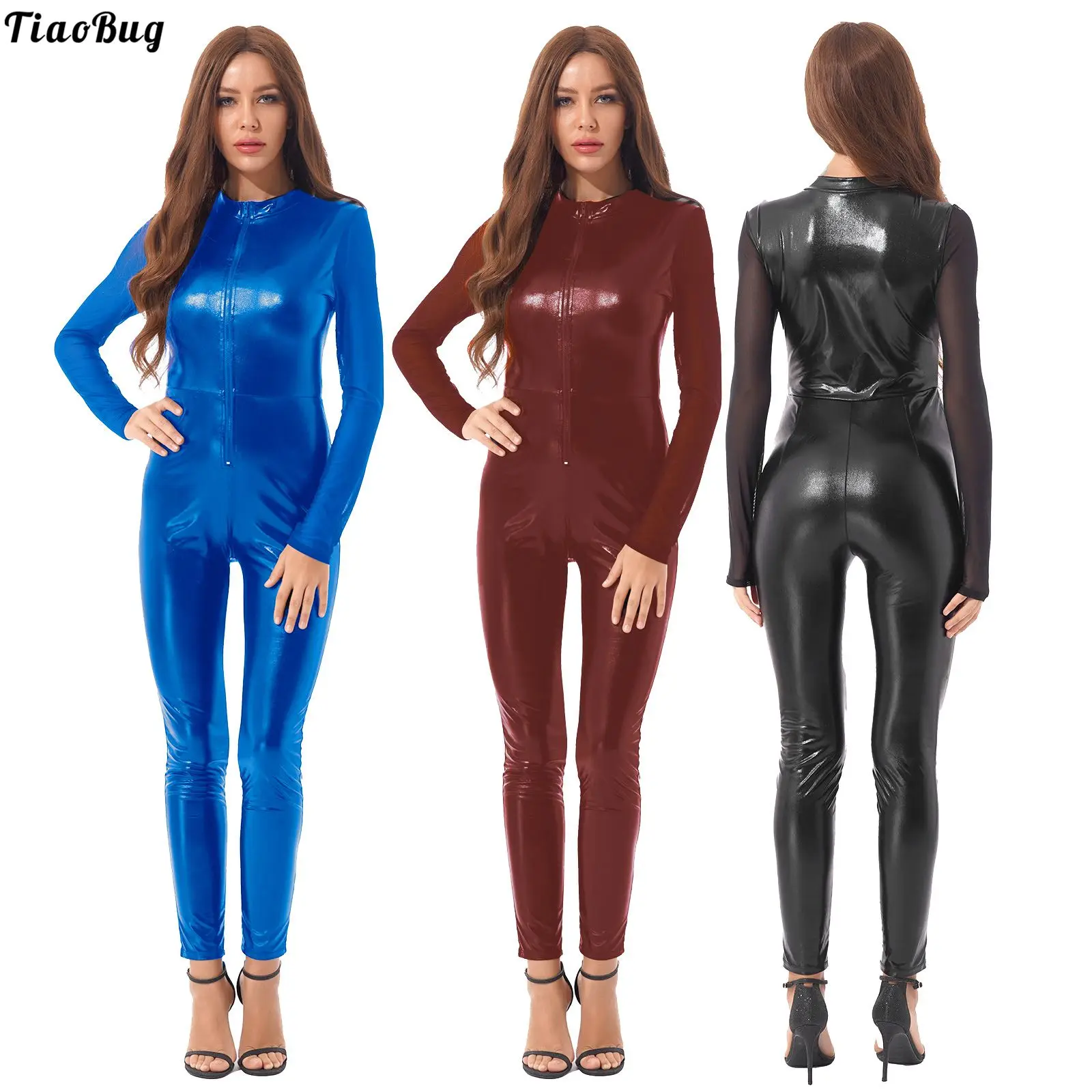 

TiaoBug Gothic Women See-Through Mesh Long Sleeve Faux Leather Catsuit Front Zipper Bodysuit Skinny Jumpsuit Clubwear Streetwear