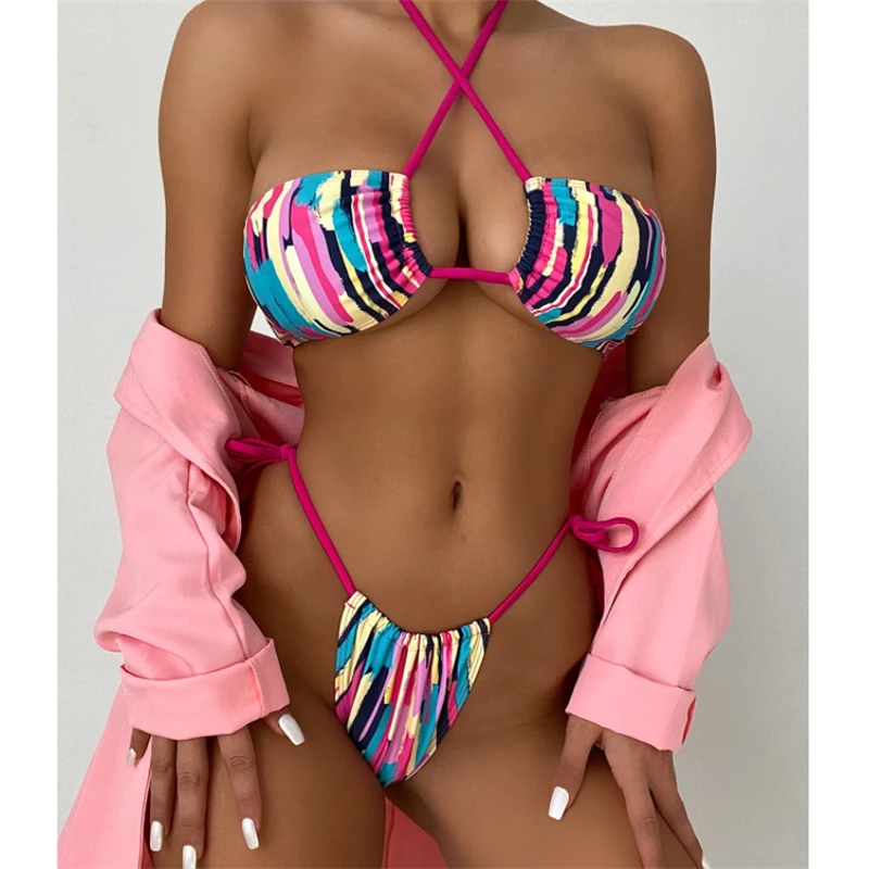 

Bandage Thong Bikini Swimwear Women 2021 Summer Color Stripe Brazilian Swimsuit Female 2 Pieces Halter Swimming Suit For Women