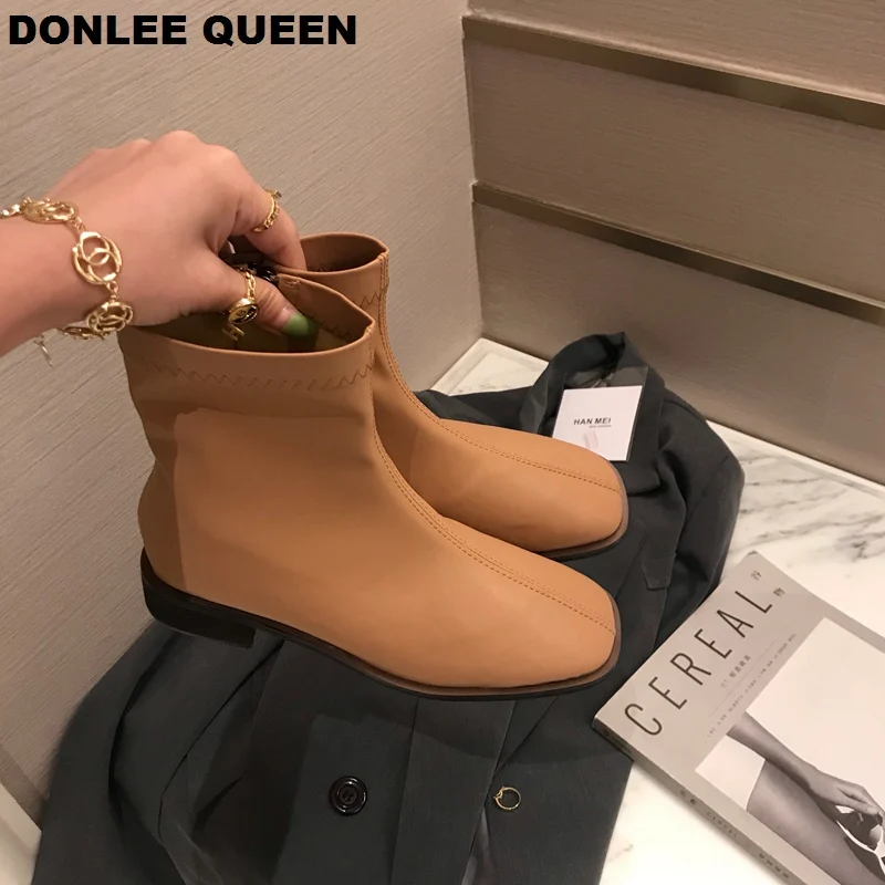 2019 Fashion Women Ankle Boots Flat Heel Square Toe Zipper Solid Female Shoes Casual Soft Black zapatos mujer | Обувь