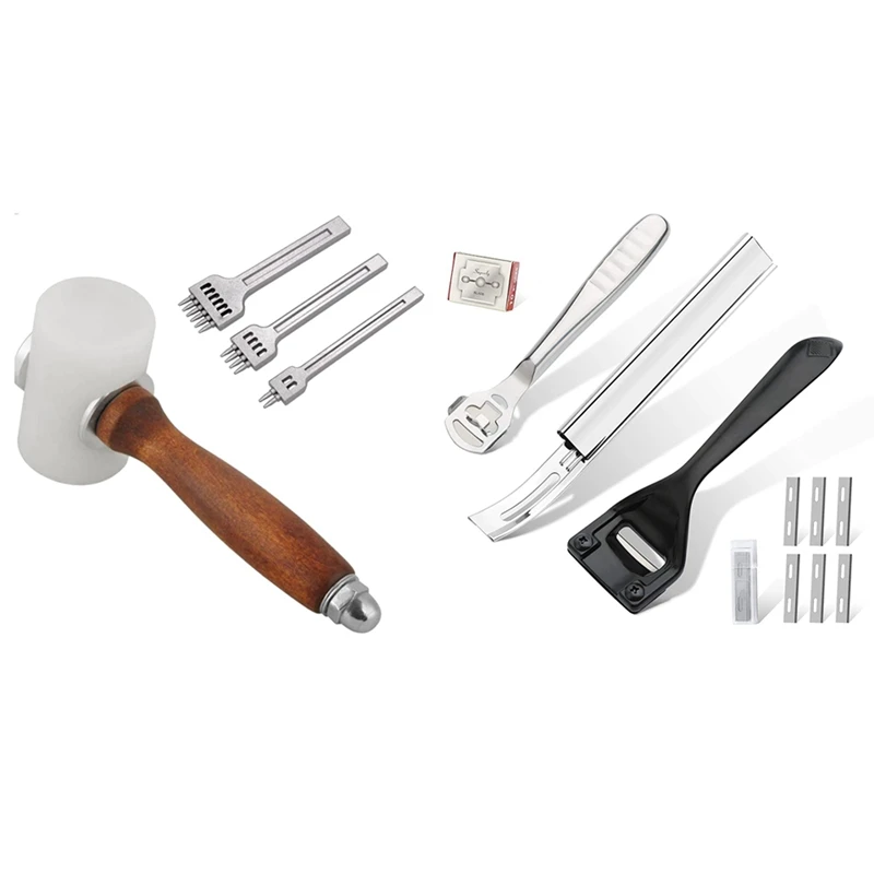 

1 Set Metal Leather Skiver Set For Leather Craft DIY & 1 Set Leather Carving Hammer Mallet Punch Tool Kit