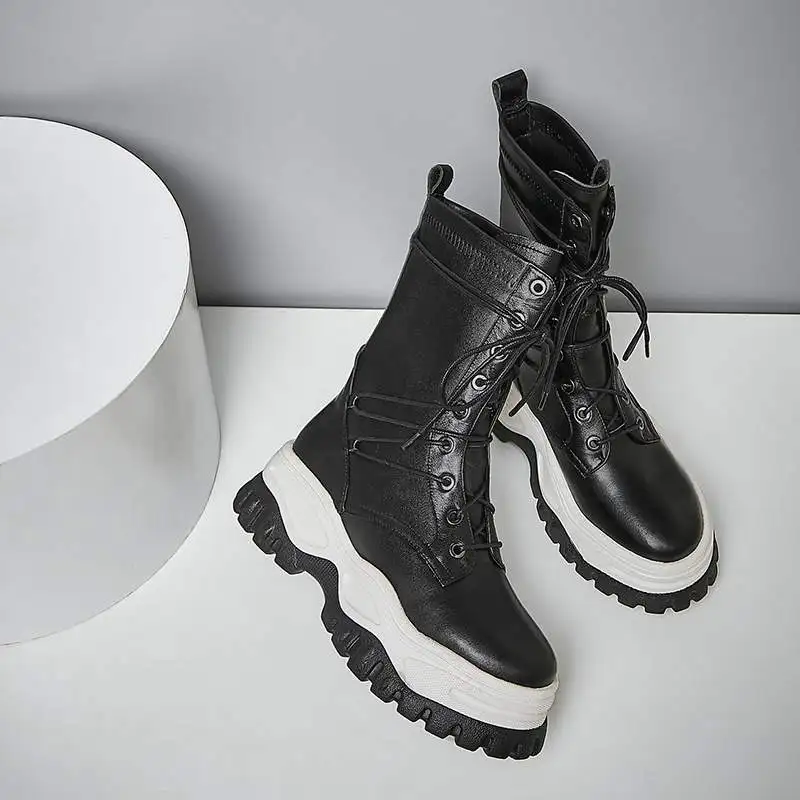 

krazing pot 2020 cow leather keep warm thick bottom high heels round toe lace up dating solid color vintage mid-calf boots l98