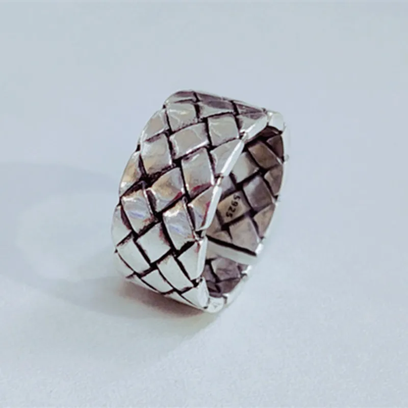 Authentic 925 Sterling Silver Fashion Retro Wide-Face Woven Mesh Opening Ring Fine Jewelry For Women Party Gift | Украшения и