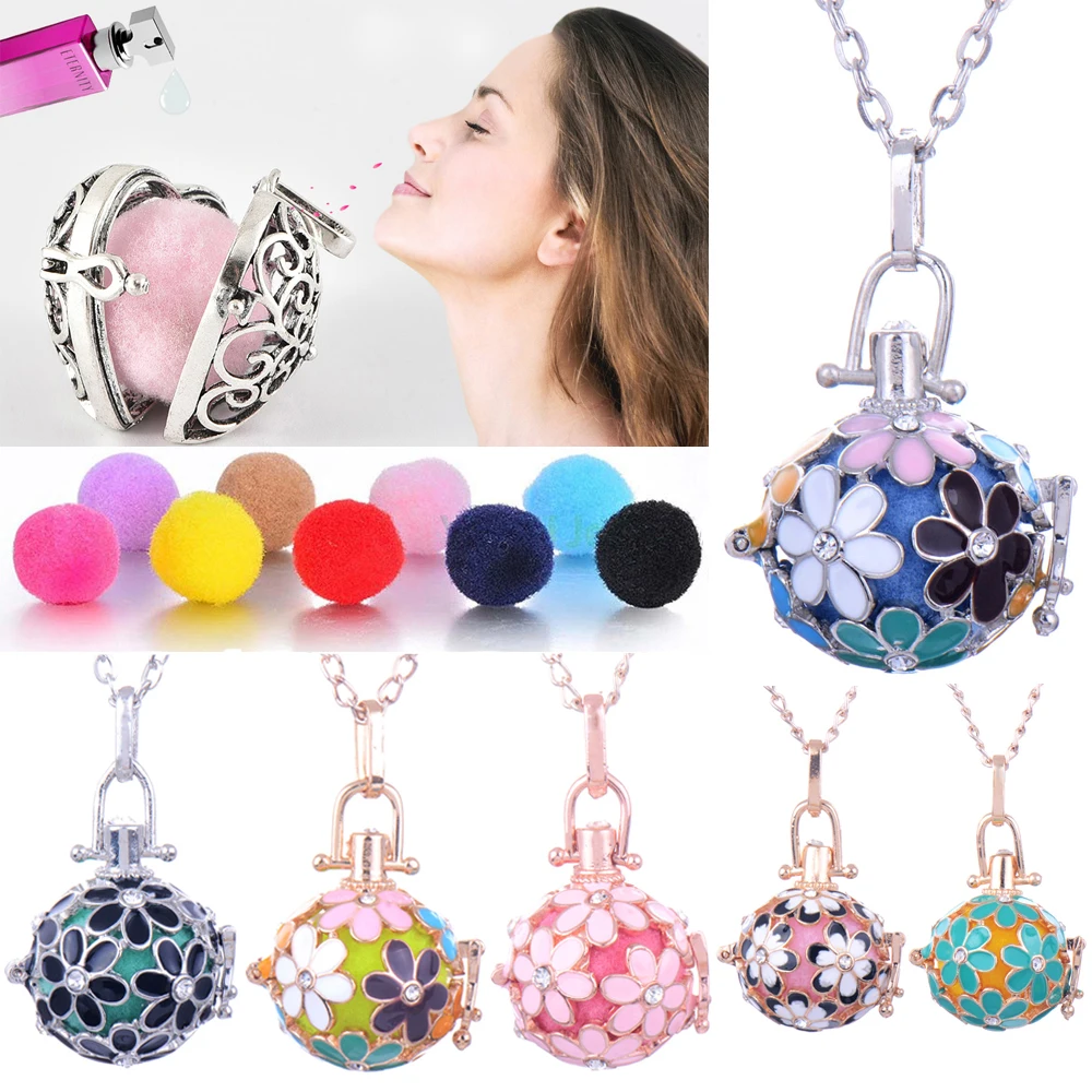 

10Pcs/Lot Petal Drip With Rhinestone Aromatherapy balls Necklace Essential Oil Diffuser Can be opened Locket Pendant Necklace