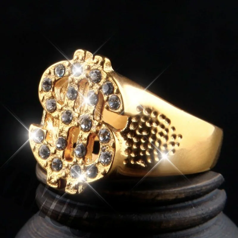 

Personality Gold Plated Rhinestone Dollar Sign Ring for Men Women Hip Hop Jewelry Punk Finger Ring Biker Ring