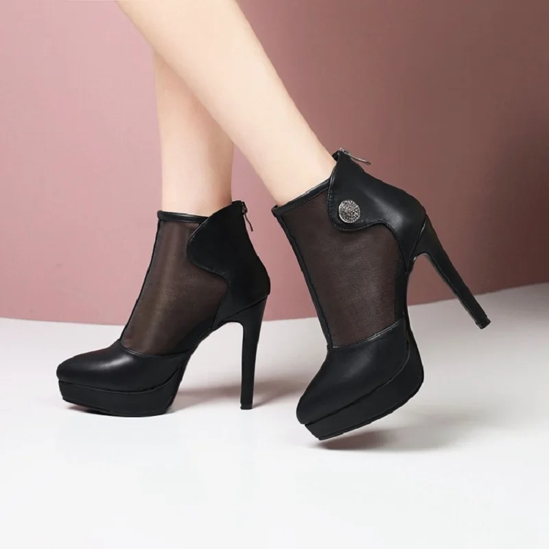 

Leather Black Women Ankle Boots High Heels Shoes Punk Platform Heels Sexy Back Zipper Spring Summer Mesh 12CM