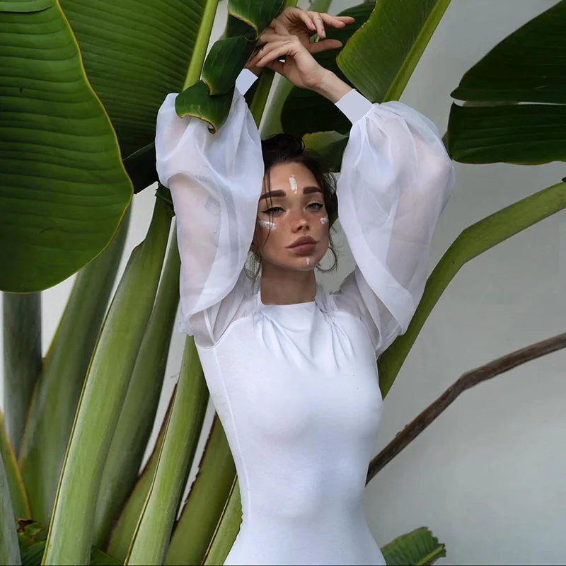 

Imcute Mesh Lantern Sleeve Bodysuit Women Solid Bottoming Shirts Autumn Spring Elegant Office Lady Slim Round Collar Bodysuit