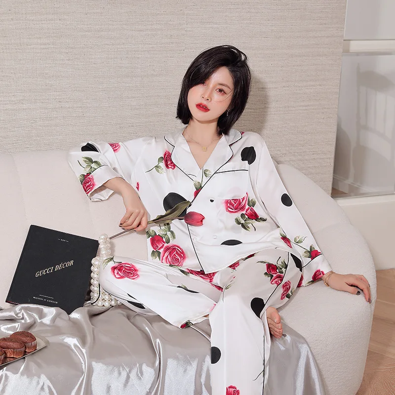 Двубортные пижамные комплекты с принтом из ледяного шелка для женщин домашняя