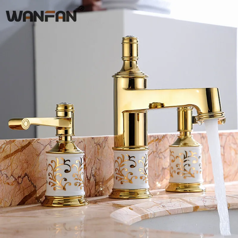 Роскошный позолоченный смеситель для раковины Ванная комната двойной держатель