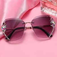 fashion rimless sunglasses for women brand designer luxury diamond vintage sun glasses bling rhinestone decoration pink shades