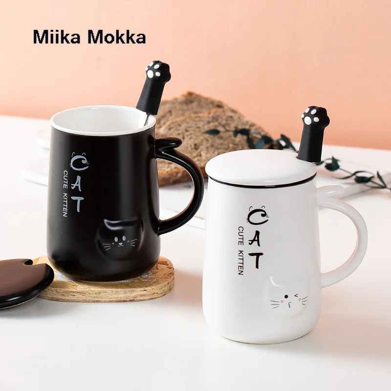 

Ins Ceramic Cup 400ml Kawaii Cat Student Korean Style Cartoon Mug with Lid Spoon Milk Water Coffee Cup Cute Coffee Mugs and Cups